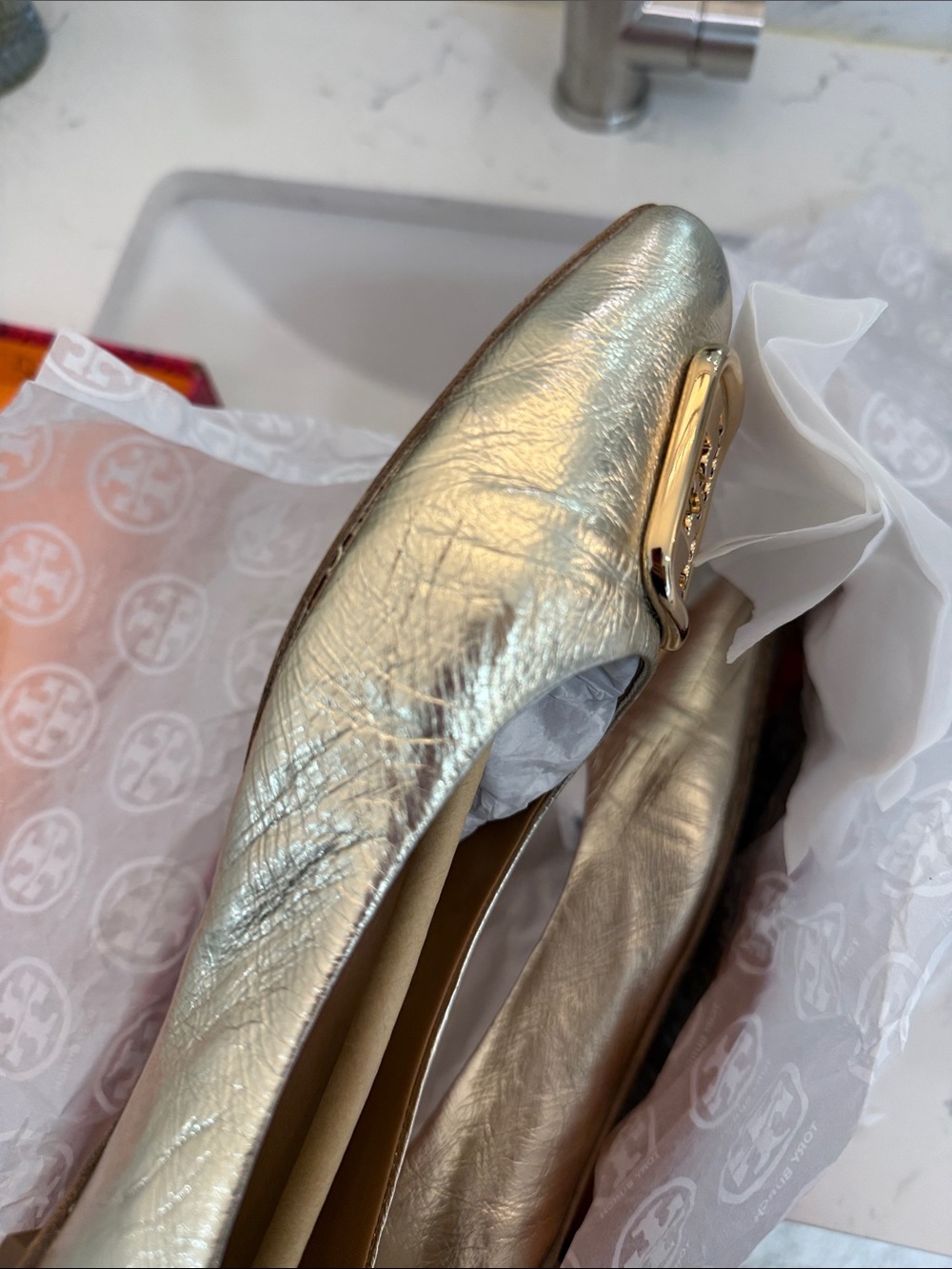 Tory Burch Metallic Gold Logo Ballet Flats - Picture 7 of 7